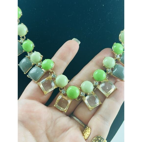 J.Crew Statement Necklace Chunky Lime Green Grey Rhinestones Transparent Squares - Picture 1 of 12